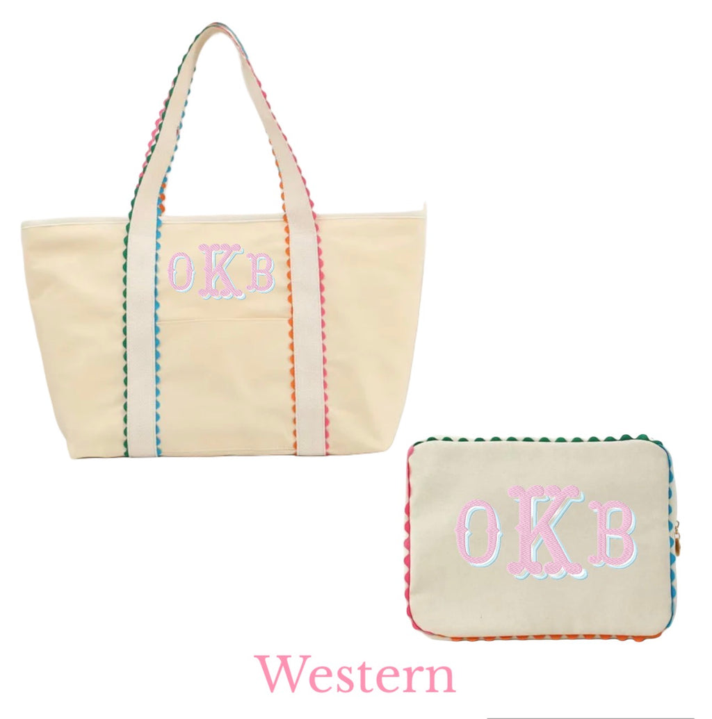 Multi Color Trim Tote & Cosmetic Bag