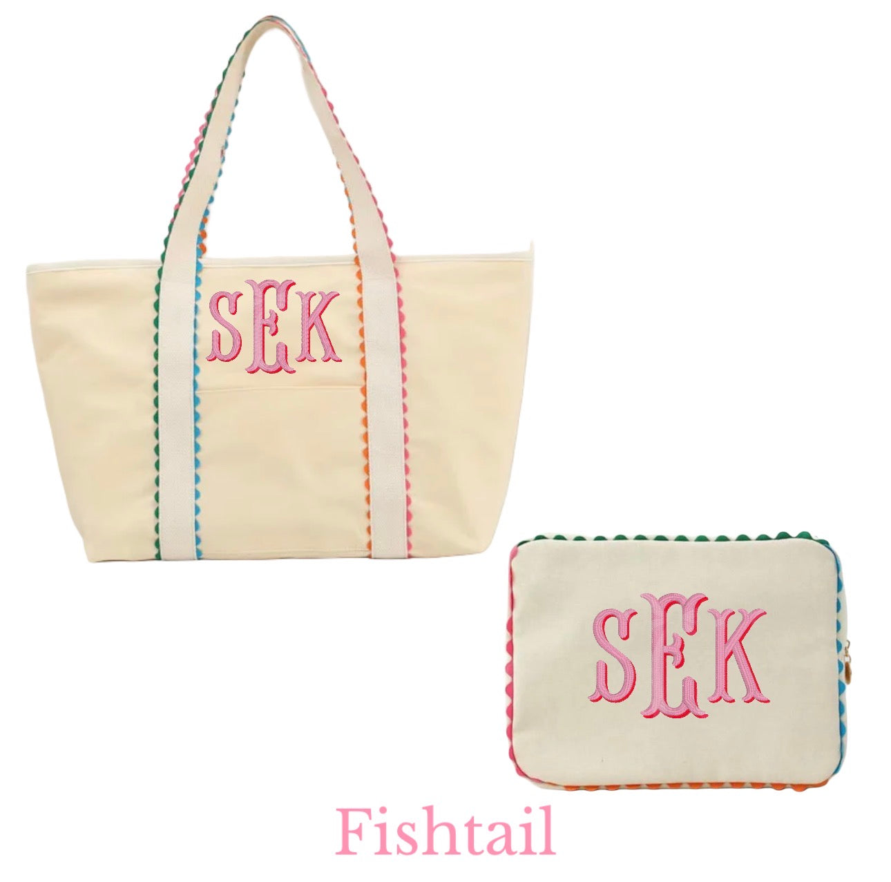 Multi Color Trim Tote & Cosmetic Bag