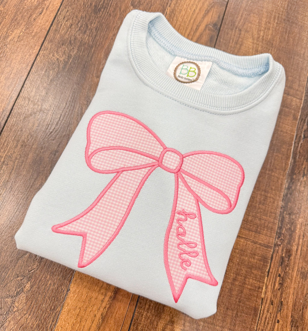 Pink Gingham Bow on Blue Sweatshirt