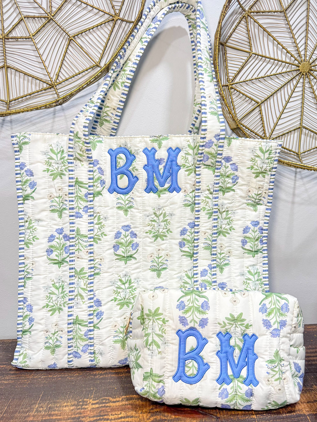 Blue Floral Tote & Cosmetic Bag