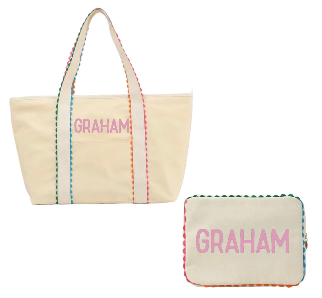 Multi Color Trim Tote & Cosmetic Bag