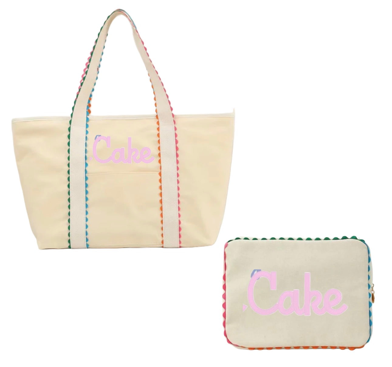 Multi Color Trim Tote & Cosmetic Bag