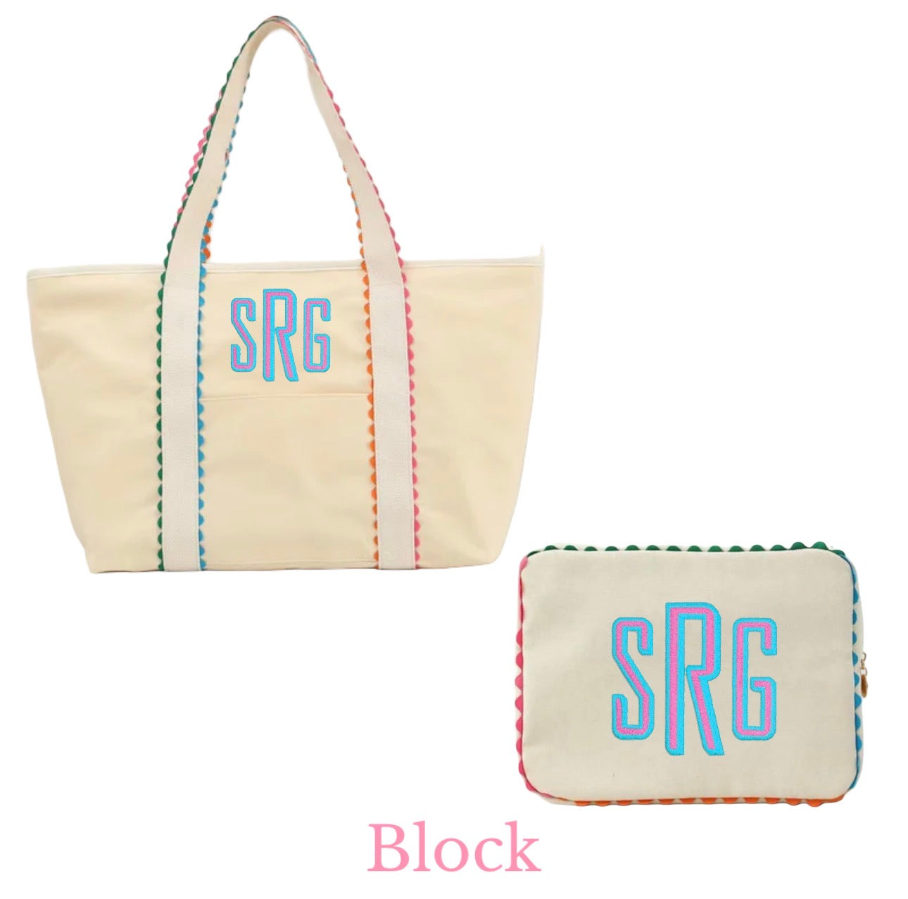Multi Color Trim Tote & Cosmetic Bag